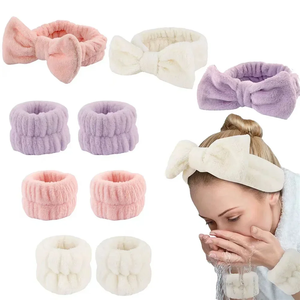 Diadema de 3 piezas para mujer, muñequera reutilizable de lana para el cuidado de la piel, bandanas para el pelo, puños de muñeca para maquillaje, ducha y Deportes