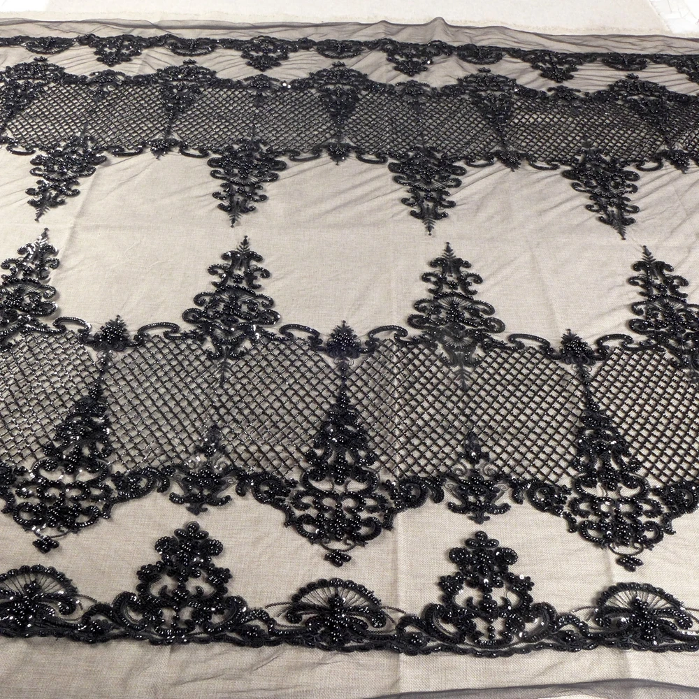 HelluyerDC black beading lace fabric,125cm width lace ,net patterns for fashion,wedding,evening,dance gown by the yard