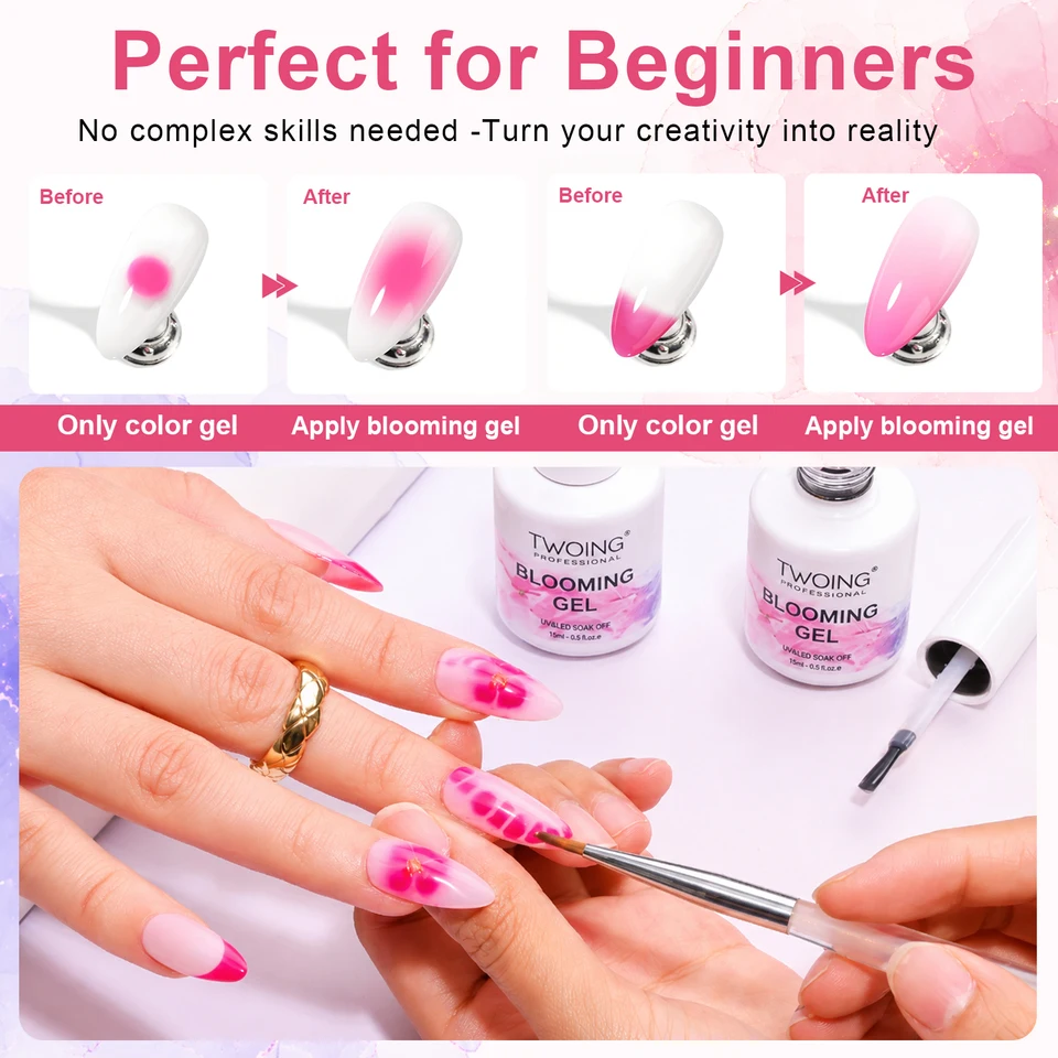TWOING Blooming Gel 15ml UV LED Remojable, Efecto de Expansión de Color, Diseño Mármol, Acuarela, DIY 4