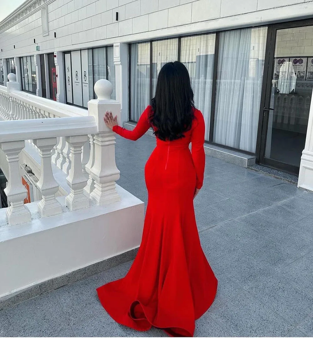 Msikoods Elegant Red Mermaid Prom Dress Elastic Satin Customized Long Sleeves Floor Length Formal Evening Dress vestido de gala