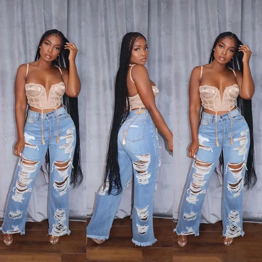 Dżinsy Damskie Długie Spodnie Eleganckie Splice Denim Pant Slim Fit Sexy Hole High Waist Button Pocket Straight Trousers Summer 2024 — zdjęcie 2