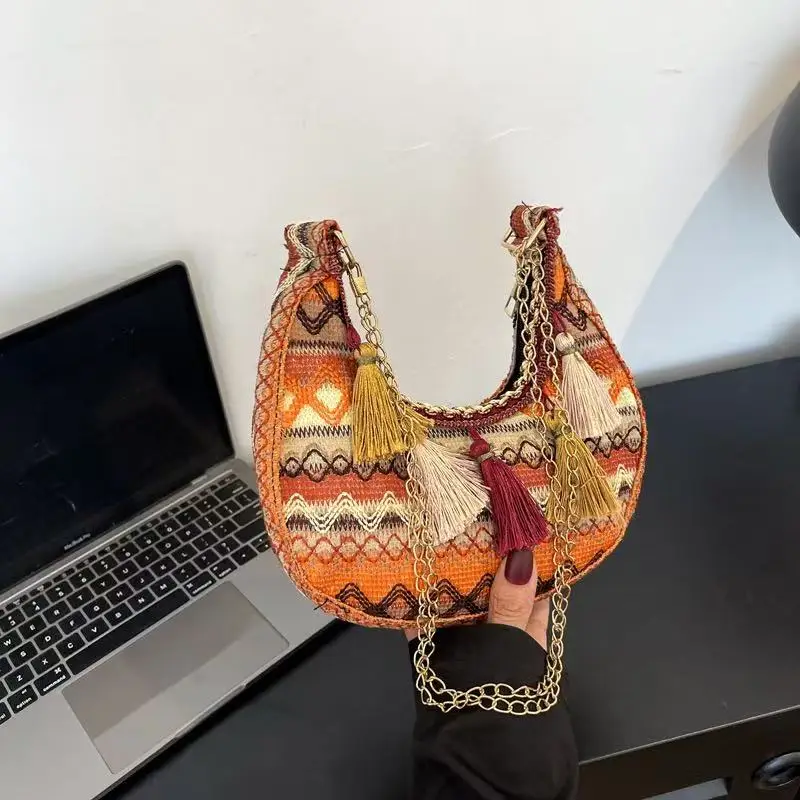 

Этническая сумка через плечо с бахромой для женщин, красная, синяя, коричневая, с цветным узором, кошелек через плечо в стиле бохо с разноцветными кисточками в этническом стиле