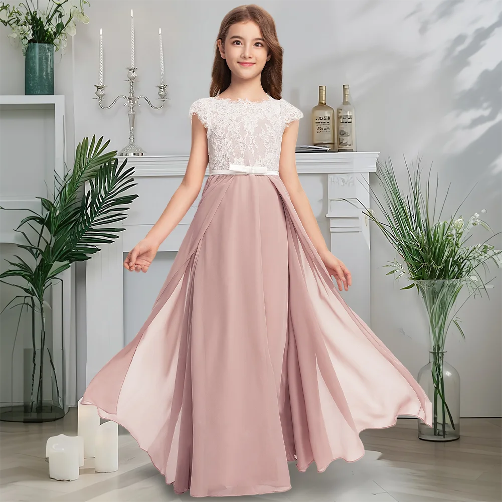 

Elegant A-line Scoop Floor-Length Chiffon Lace Satin Junior Bridesmaid Dress with Bow Beautiful Flower Girl Dress for Weddings