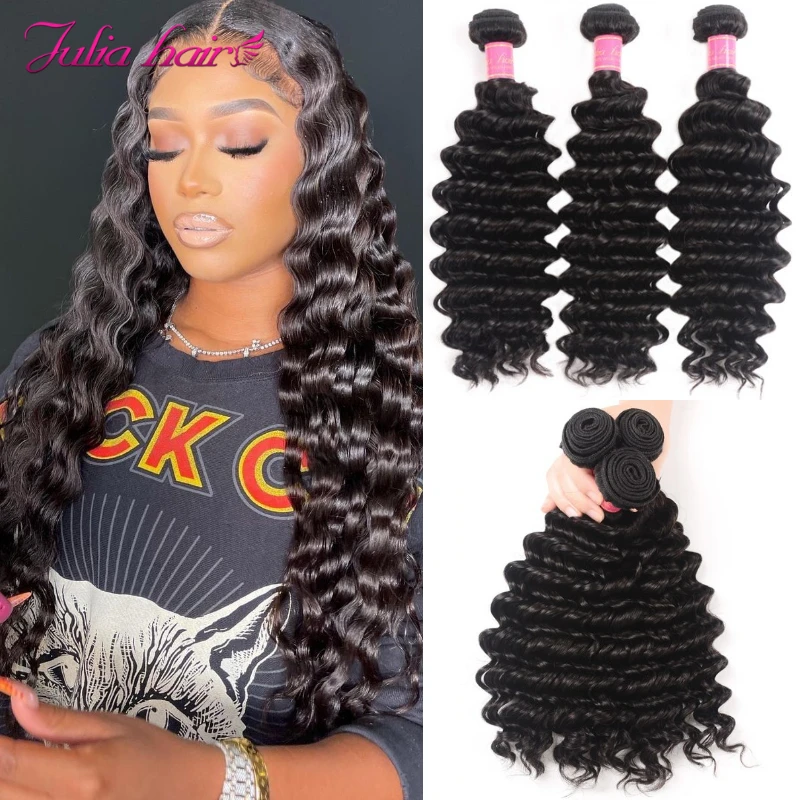 

Ali Julia Human Hair Deep Wave Brazilian Hair Weave Bundles 12 to 26 Inch Remy Hair Extensions Natural Color 1/3/4 Bundles Deals