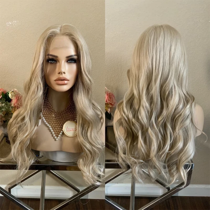 24 ''asche Platin Blonde Spitze Front Synthetische Perücke Hitze Beständig Faser Gemischt 10% Menschliches Haar Mittleren Teil Cosplay Perücke für Frauen