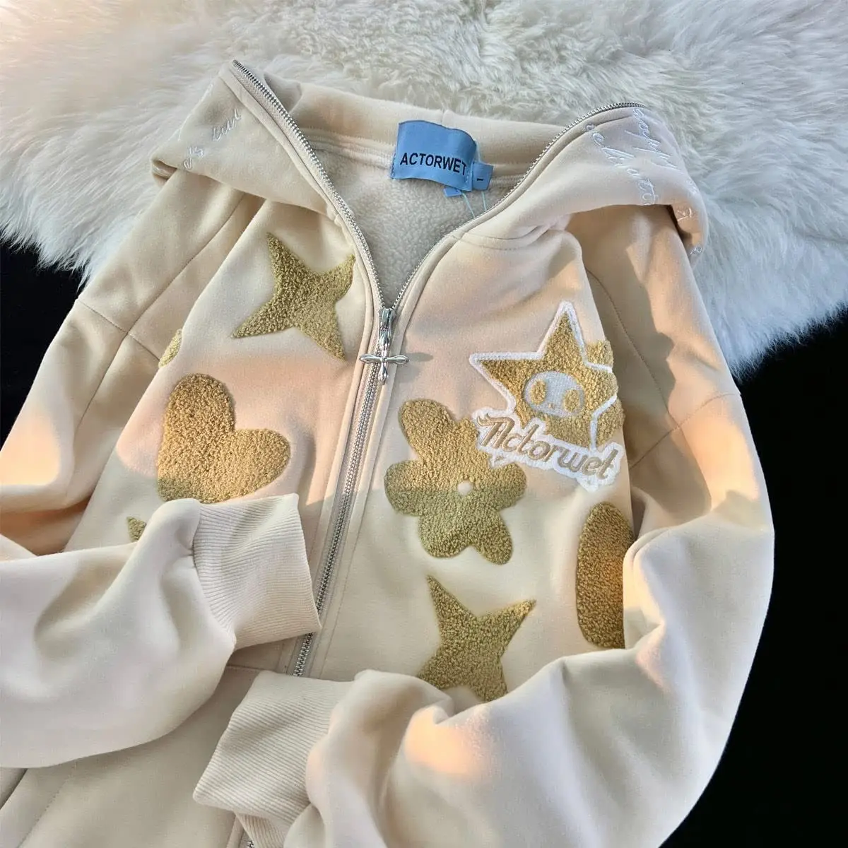 Y2K Patchwork Zip‑Up Hoodie, Unisex Star Heart Flower Appliqué Streetwear Hooded Jacket
