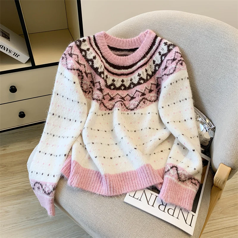 

Женский розовый свитер с круглым вырезом Fair Island с геометрическим узором, новый дизайн 2025, свободный утепленный вязаный свитер контрастного цвета, топ