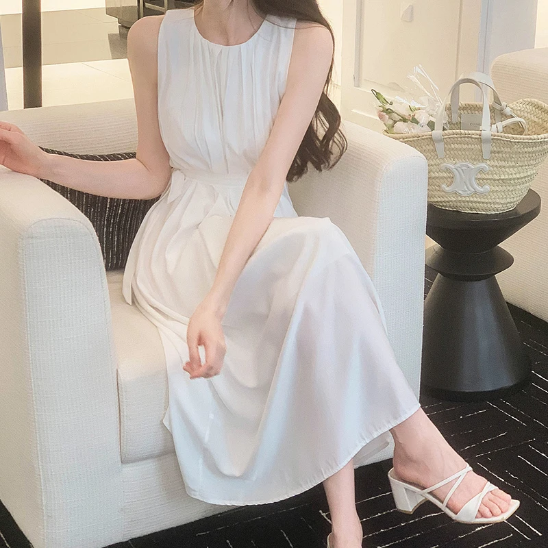 Korean style pleat shirling strap sleevless nasy long dress