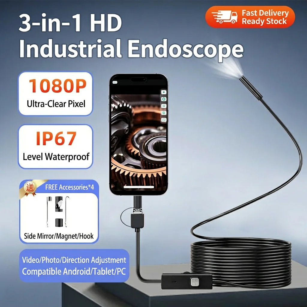camera-endoscopica-android-3-em-1-1080p-hd-usb-c-micro-usb-a-prova-d'Agua-com-luz-led-para-inspecao-de-carros