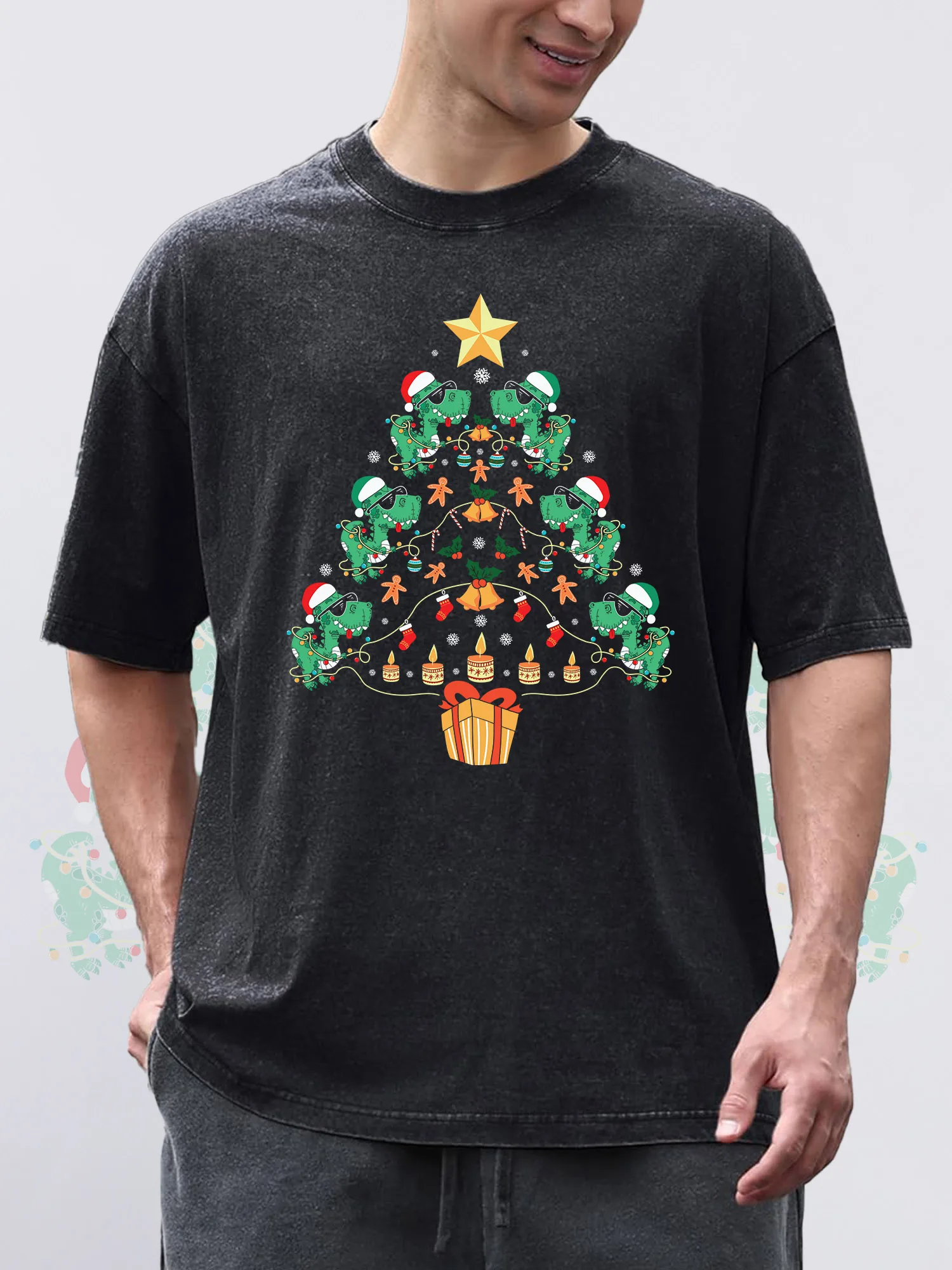 

Men's T-Shirts Christmas Tree Printed Black Short-Sleeved Round Neck 100% Pure Cotton Acid Wash Suitable For Christmas