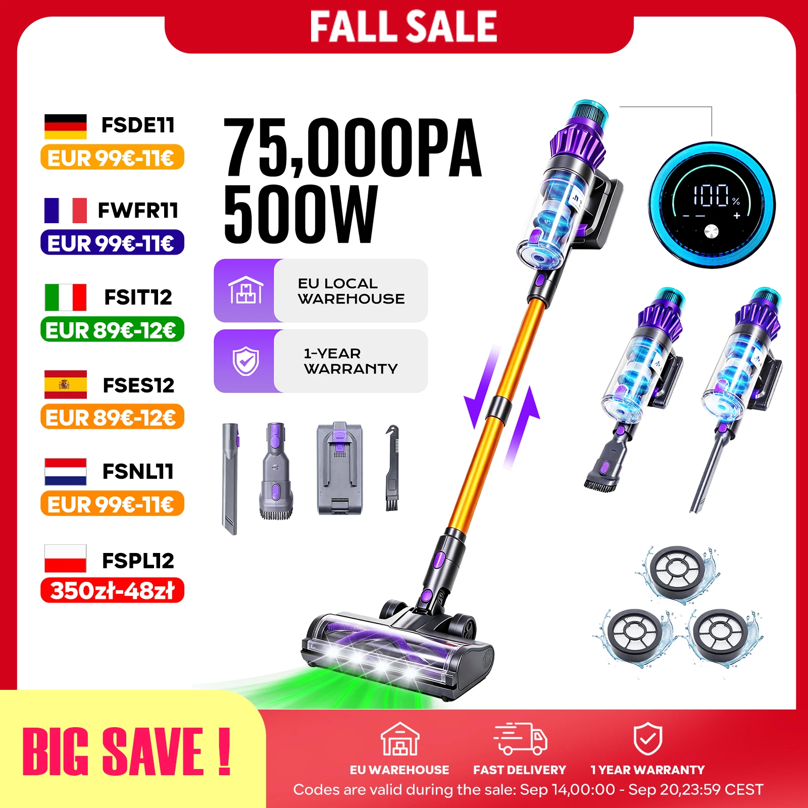 V16 500W 75Kpa Aspirateur sans Fil avec Écran Tactile, Mode Auto, Capteur de Poussière Infrarouge, Filtration HEPA 6 Étages, 60min Autonomie, Batterie Amovible, Écran LED pour Sol Dur, Moquette et Poils d'Animaux