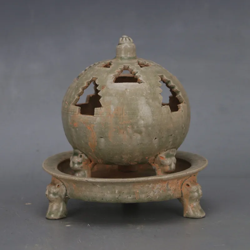 Song Dynasty Yue Kiln Celadon Round Hollow Incense Burner Vintage Home Decor Ornament