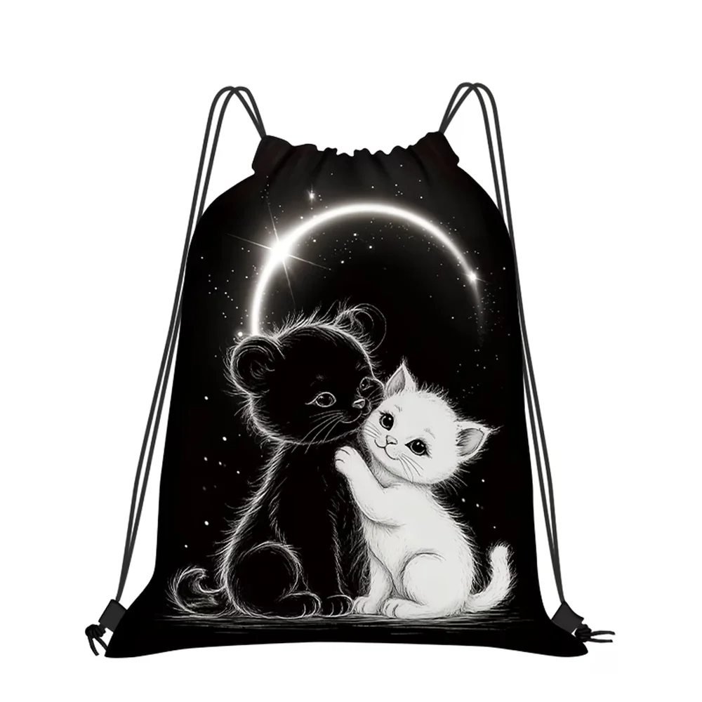 1Pcs Black White Cat Pattern Drawstring Bag CuteStorage Pouch Party Gift Unisex for Gym Travel Sports