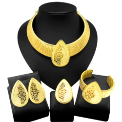 Women Luxury Necklace Jewelry Set Wedding and Engagement Jewelry 24K Gold Plated Pure Copper Design Non-Fade Bracelet Earrings
