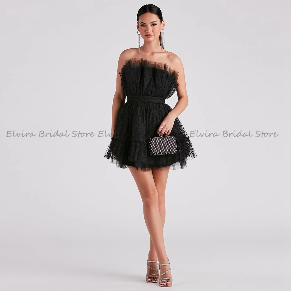 

Customized 2023 Fashion Tulle Cocktail Dresses for Ladies A-Line Mini Length with Strapless Sleeveless Backless Applique Short