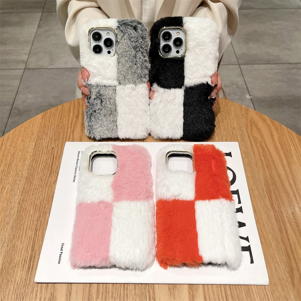 

Fashion plaid warm fluffy plush phone case for iPhone 13 14 15 16 Pro Max 17 Pro Fundas cute furry protective cover For 17 Case