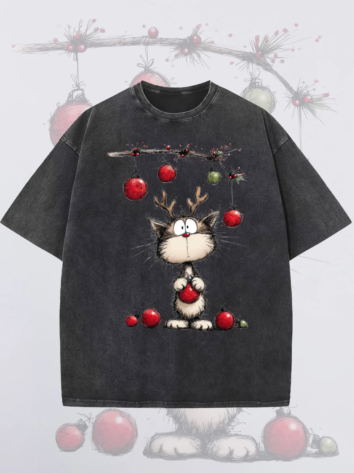 

Men's T-Shirts Merry Christmas Printed Black Short-Sleeved Round Neck Loose Summer 100% Cotton Acid-Washed Finish Christmas