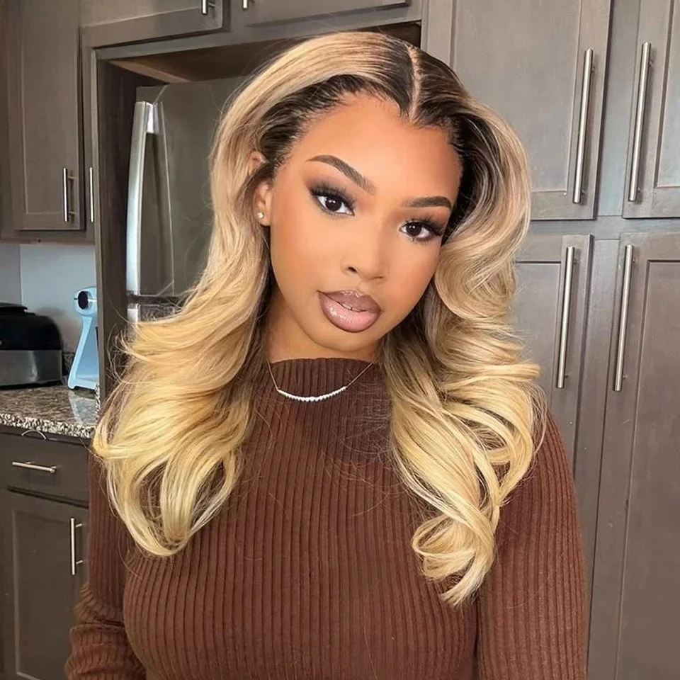 Ombre Blonde Donkere Wortel Body Wave Kant Frontale Pruiken Menselijk Braziliaans Haar Pre Geplukt 180 Dichtheid Transparant Kant # 27, voor dames - afbeelding 2