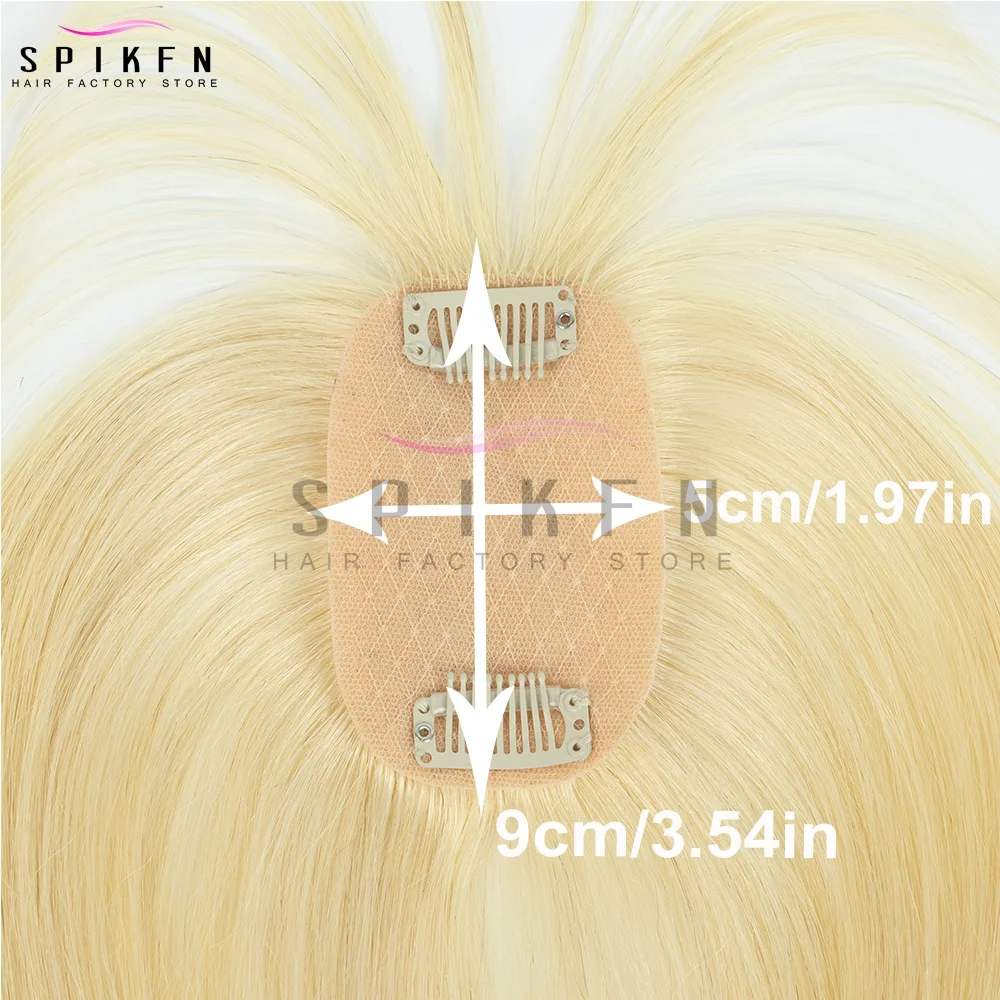 SPIKFN 밝은 금발 헤어 토퍼 중간 부분 앞머리 포함 5x9cm 실제 인간 헤어 토퍼 8"-14" 천연 스트레이트 탑 헤어피스