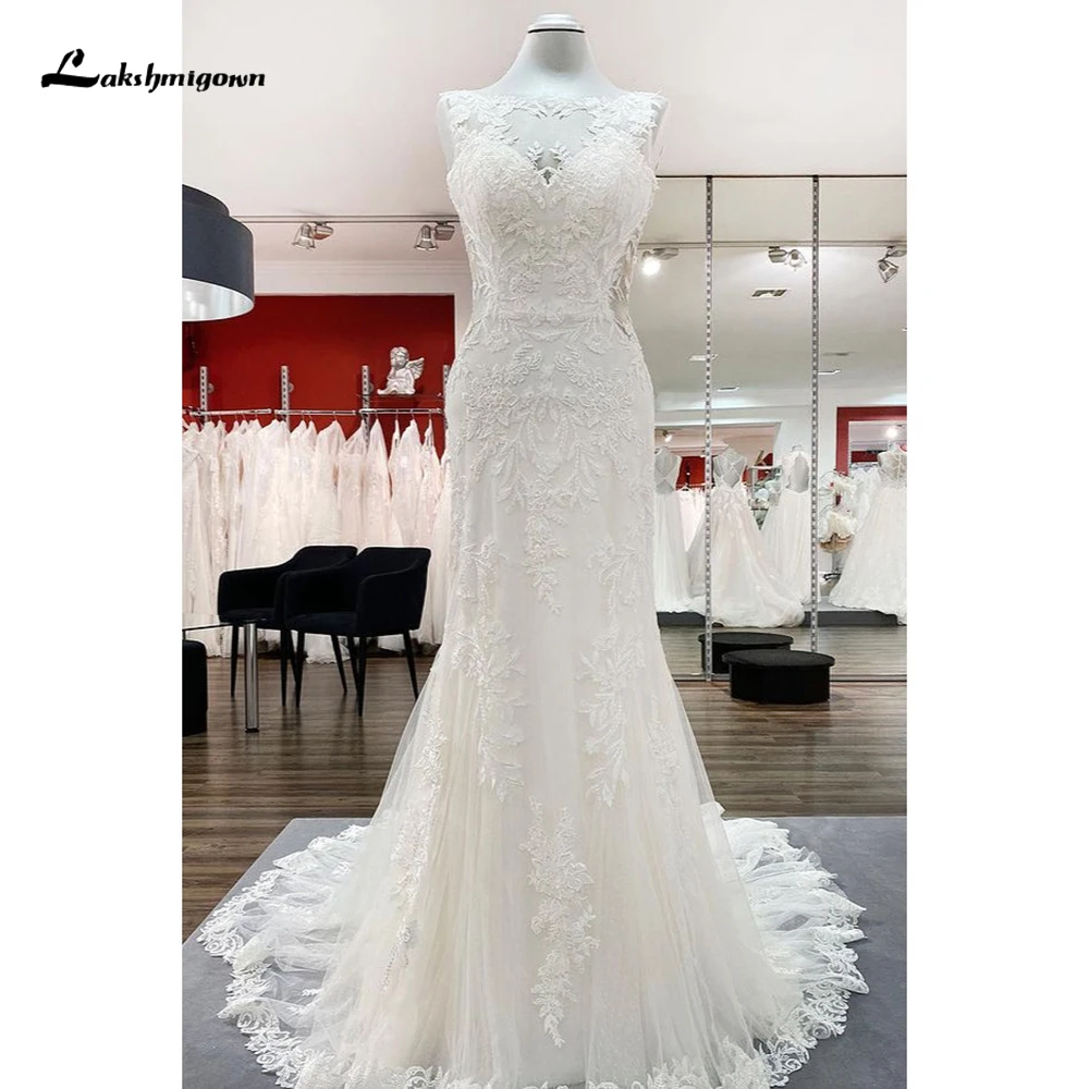 Boho O Neck Sleeveless Sexy Open Back Full Lace Tulle Mermaid Wedding Dress For Women Beach Bridal Gowns Sweep Robe De Mariée