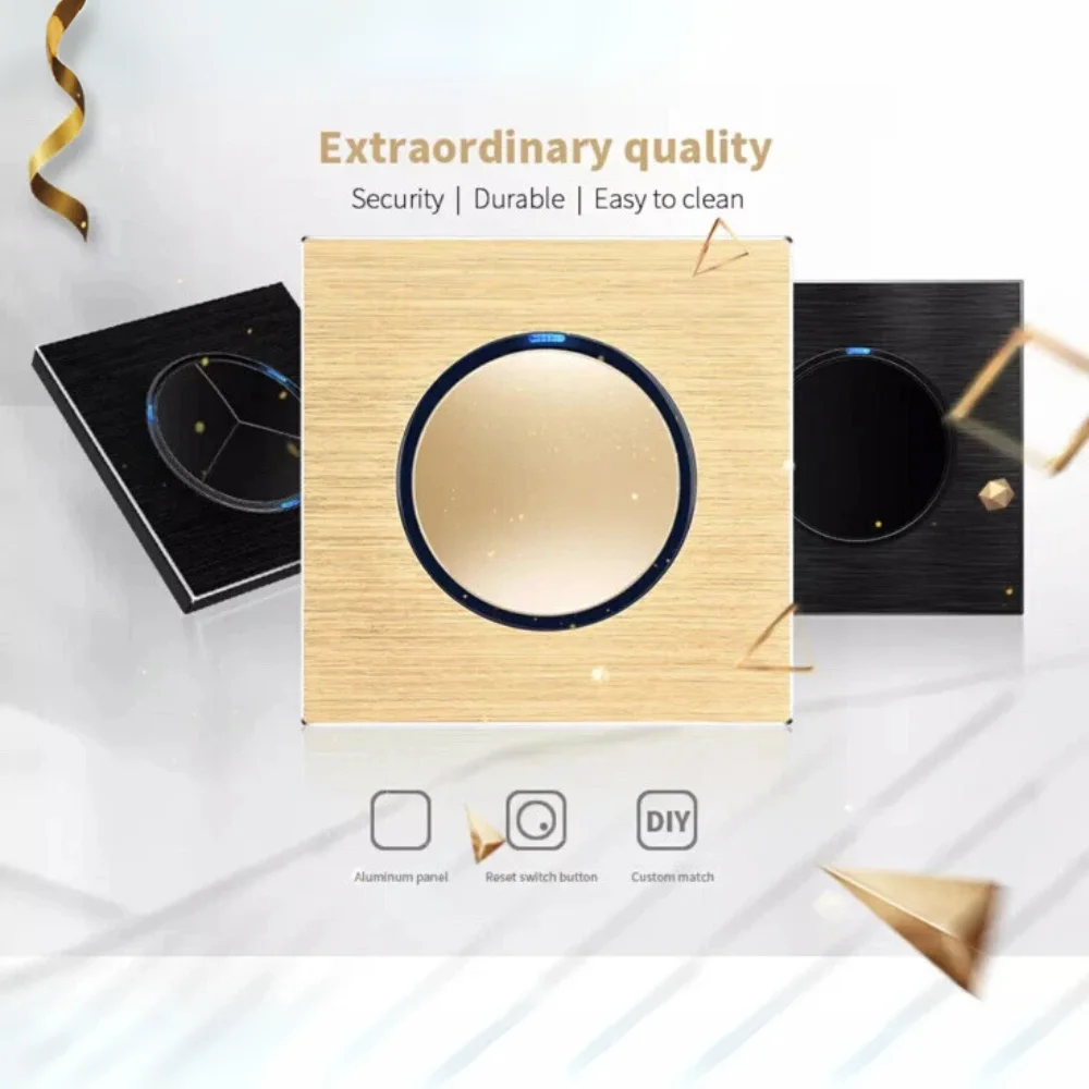 EU Germany Led Electrical Switch Illuminated Blue Light Switch Brass Brown Metal Panel Reset Push Round Button 1 2 3 4 Gang