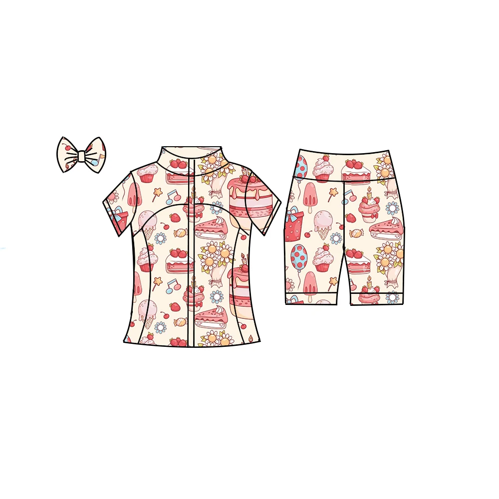 Boutique children's sets girls' short-sleeved set stand collar zipper slim fit design best-selling style cakes and drinks print