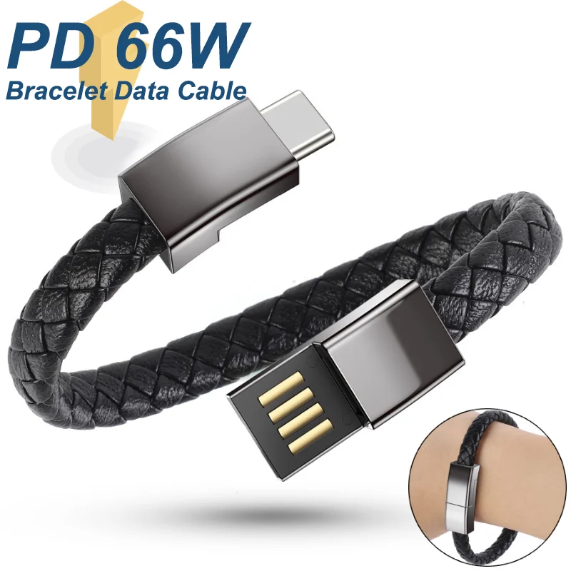 PD 66W Bracelet Data Cable USB C to Type C Fashion Braided Wrist Fast Charging Cord for iPhone 16 15 14 13 Pro Max Huawei Xiaomi