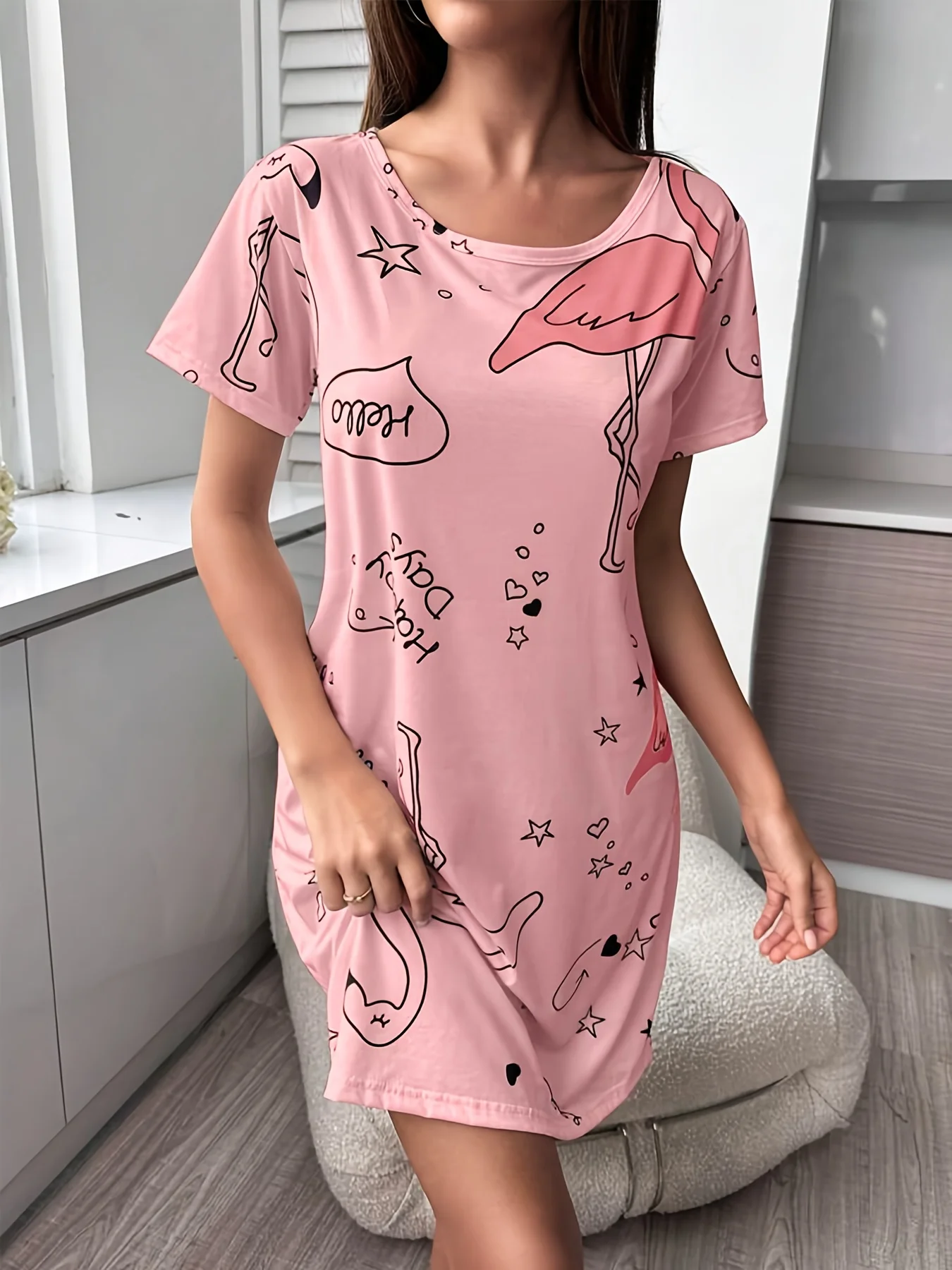 Lato Plus rozmiar na co dzień damska sukienka Flamingo list drukowana piżama z krótkim rękawem T-Shirt z okrągłym dekoltem rozciągliwa piżama damska