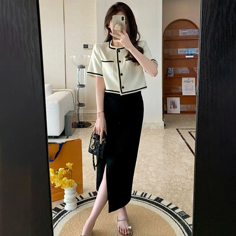 2023 New Short Sleeve Round Neck Fragrant Suit Coat Women\'s Spring/Summer Thin White Blazers