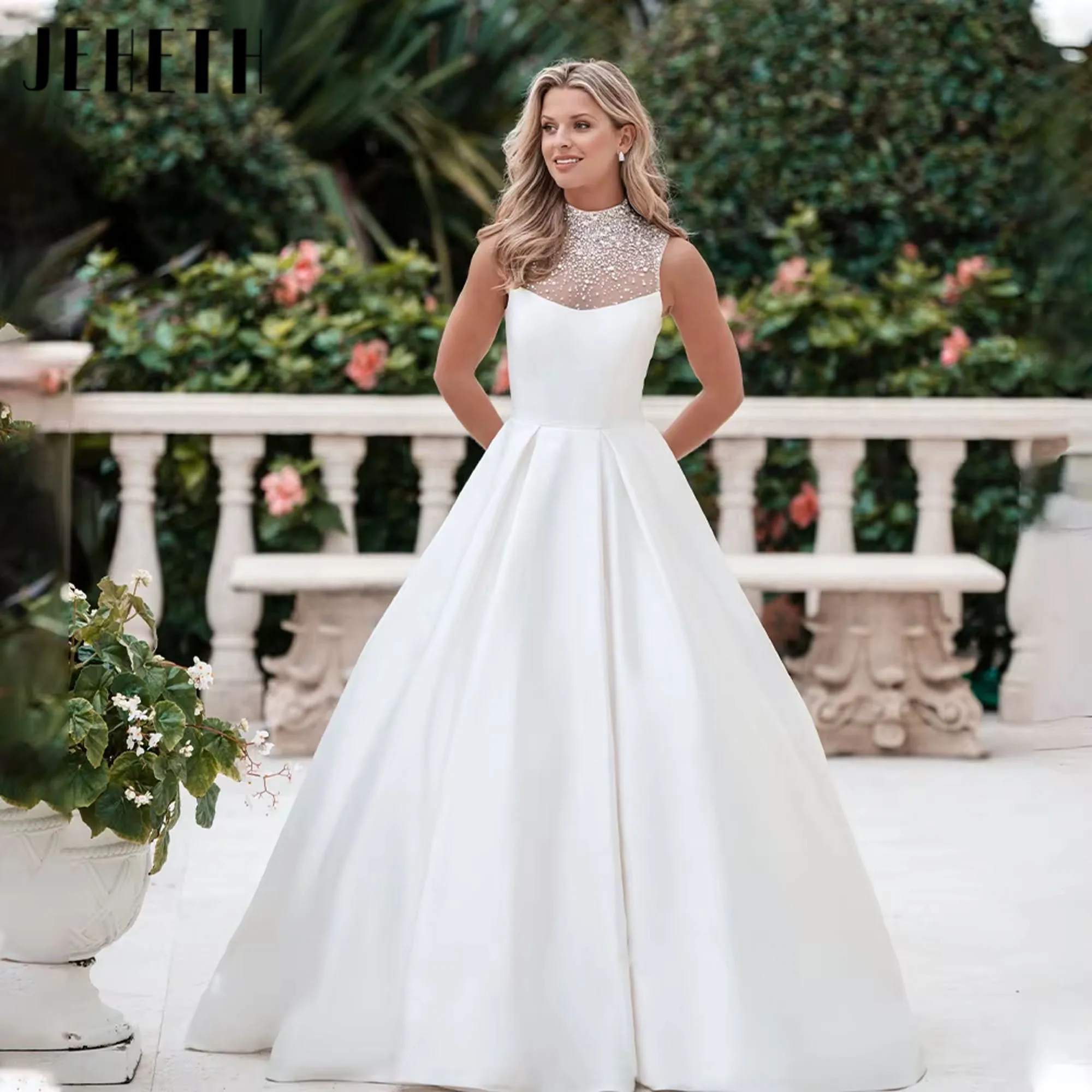 

Popular High Neck Beaded Sequined Satin Wedding Dress Luxury A-Line Bride Robes Sweep Train Vestido De Noival Customized