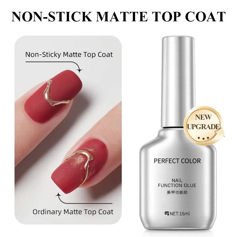 PERFECT COLOR Non-Stick Matte Top Coat 16ml, Anti-Stick Powder No Wipe Gel, Velvet Matte Finish, Scratch Resistant, UV LED Cure