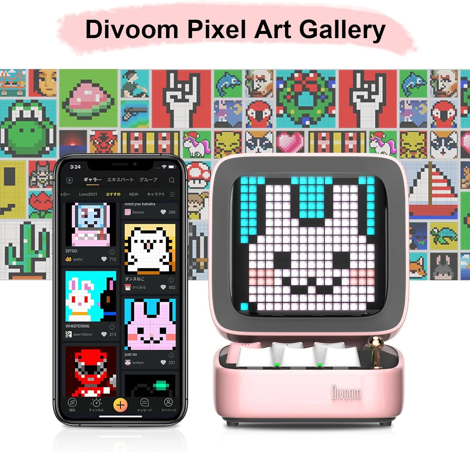 Ditoo Bluetooth Speaker Retro Pixel Art Game Portable with 16X16 LED App Controlled Front Screen (Pink) DIY LED Display Board