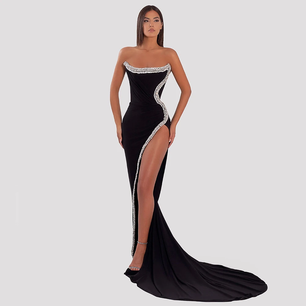 

Black Satin Long Beaded Evening Gowns Rhinestone Side Fork Bespoke Occasion Gown Sheath Strapless Sexy Evening Dresses 2024