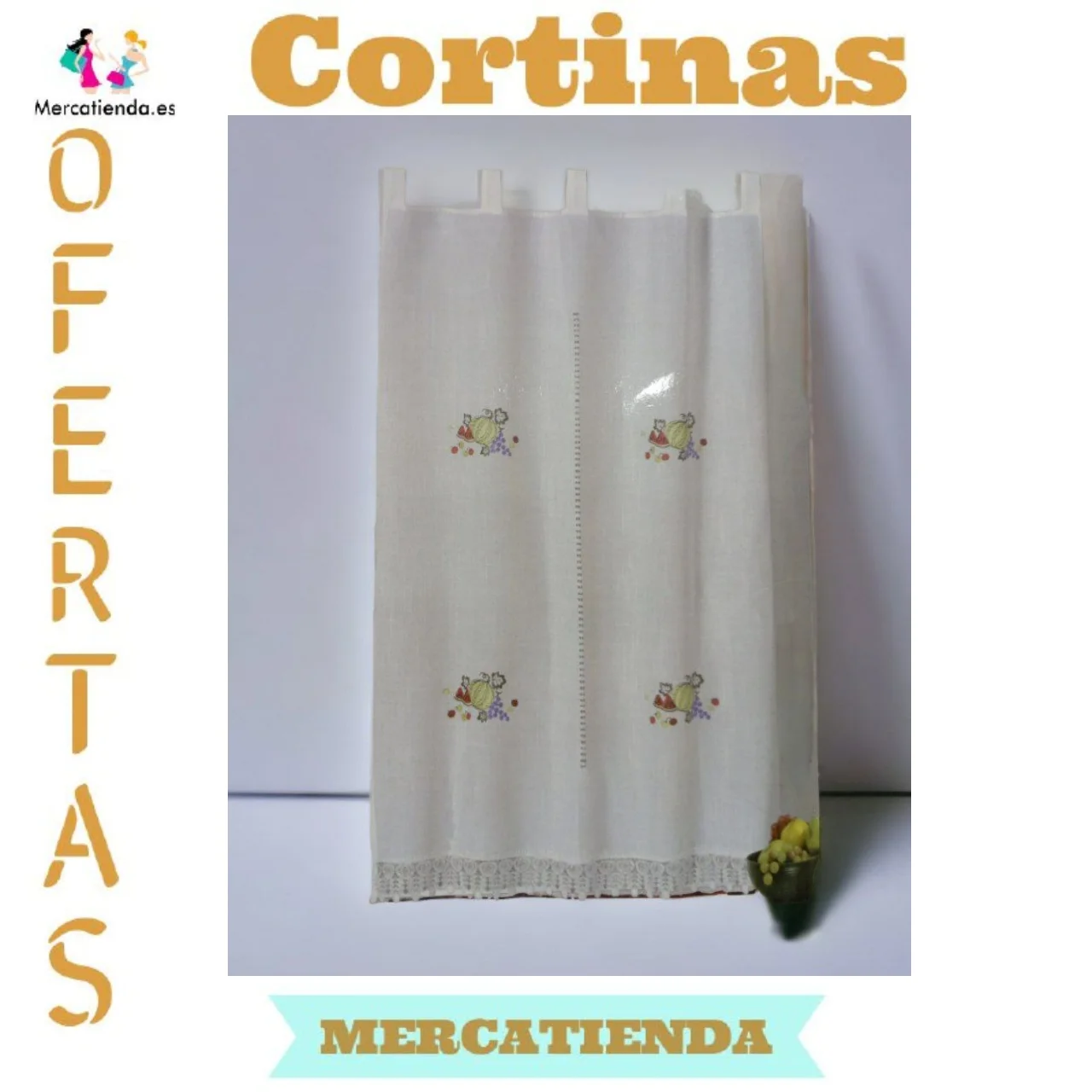 Embroidered rustic kitchen curtains for windows and doors of width 1m. Spain shipping