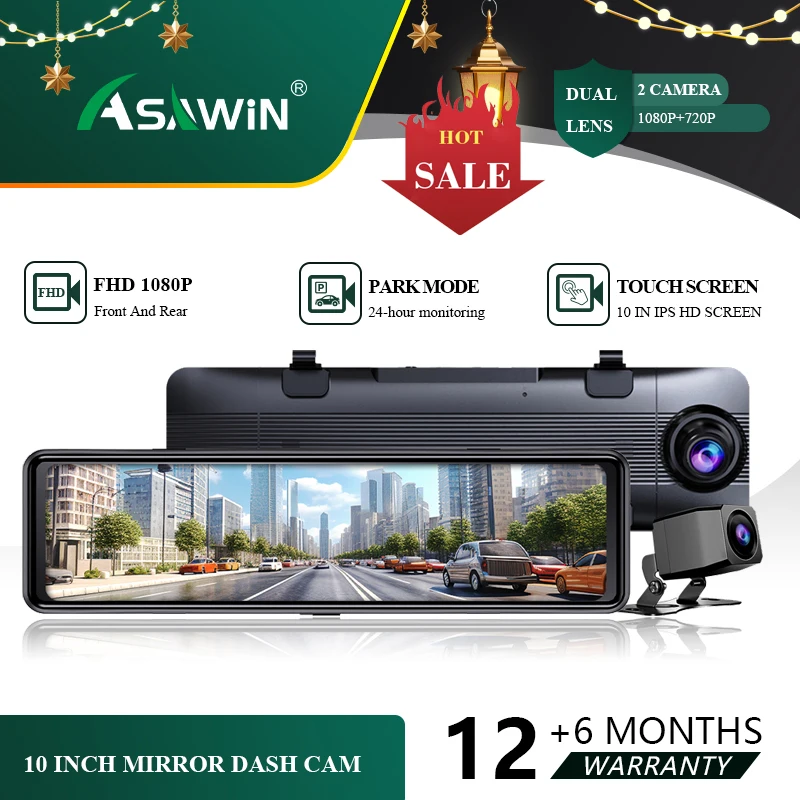 

10 inch Rear View Mirror dash cam Touch Screen Car Camera Asawin H109L Front And Rear night vision 24H Park Mode