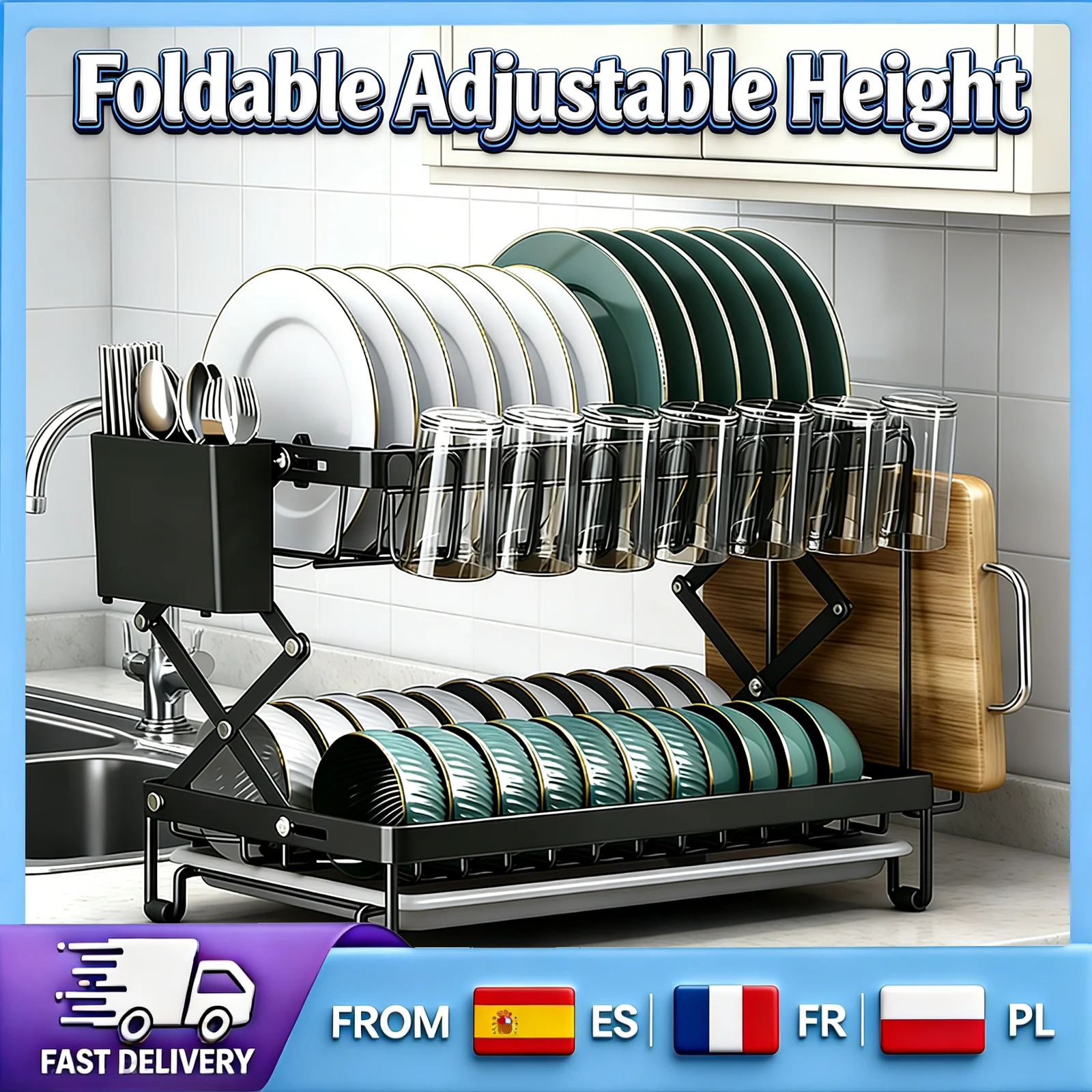 Escurridor de Platos Plegable de 2 Niveles, Ahorra un 50% de Espacio en la Encimera, Gran Capacidad con Bandeja de Drenaje Extraíble, Diseño de Altura Ajustable