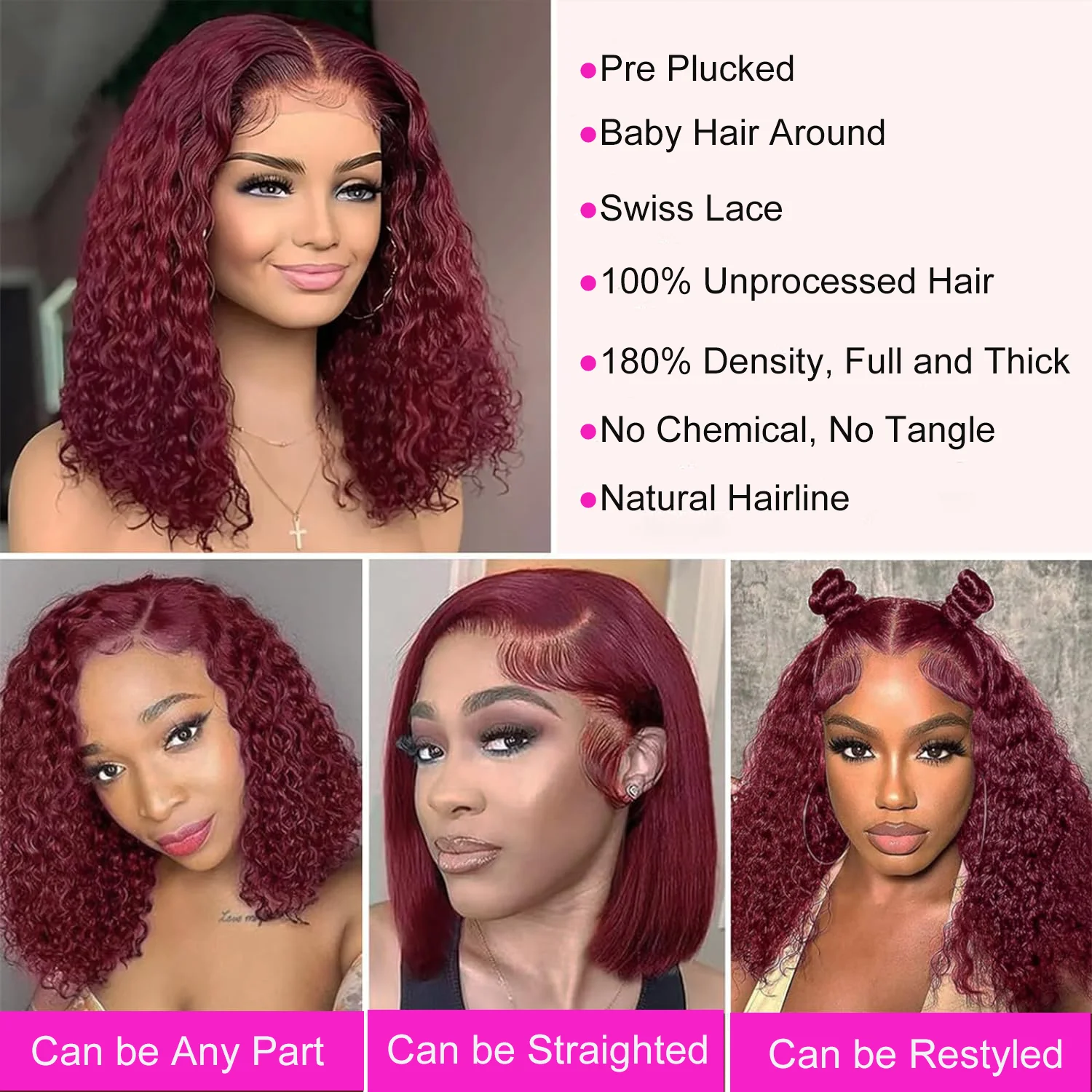 99J Burgundy Short Bob Wigs Human Hair Wig Deep Wave 13x4 Lace Frontal Wig Red Colored Curly Lace Front Human Hair Wigs Remy Bob