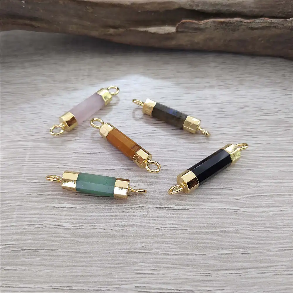 FUWO Wholesale Natural Stone Crystal Connector,Golden Plated Rose/Purple Quartz Bar Accessories  For Jewelry Making PD412 5Pcs