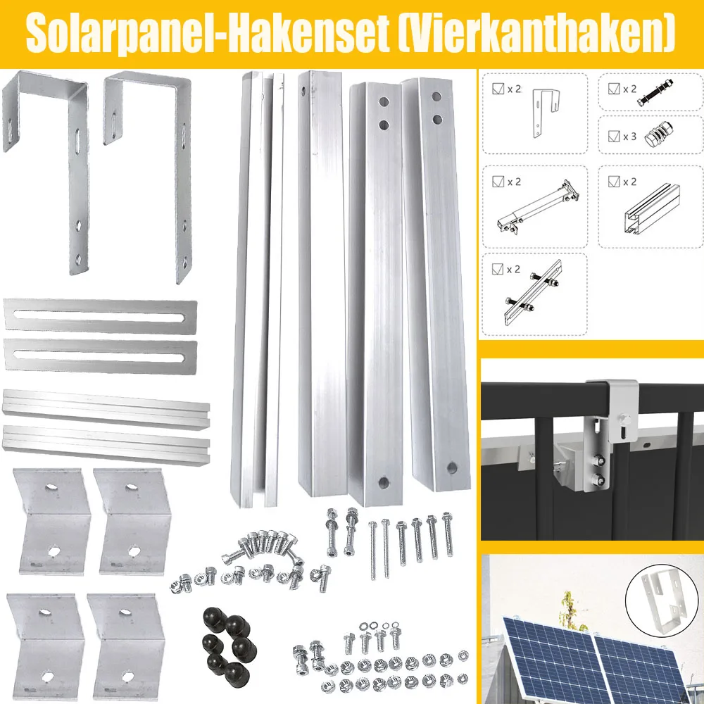 Zonnebalkonmontage Ce Rohs Sgs gecertificeerd fotovoltaïsch montagesysteem, verstelbaar 400‑650mm voor 100‑500W zonnepanelen, complete montagekit met balkonhaak.