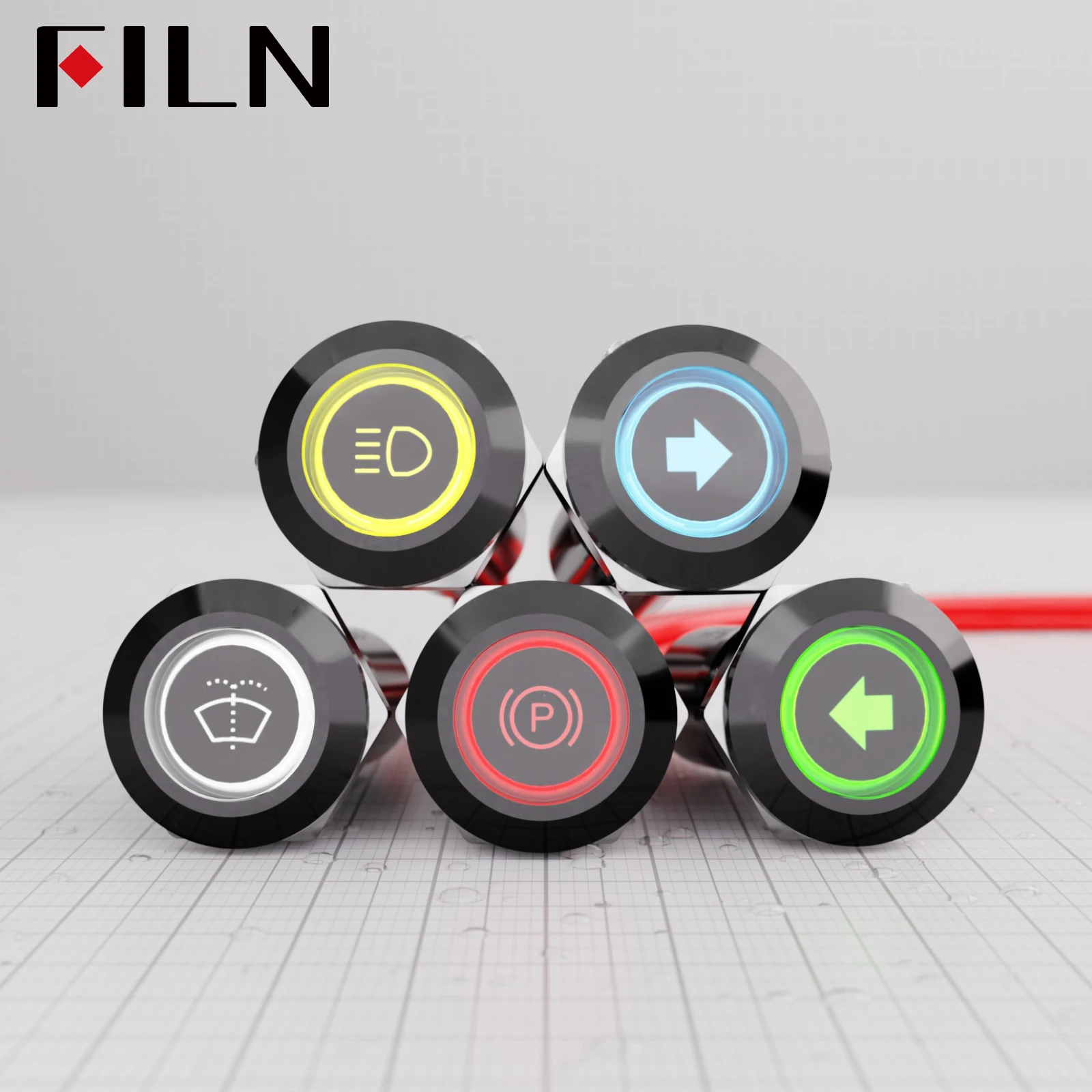 2-Unit Set 12mm IP67 Waterproof 180 symbol Metal Indicator Dash Pilot Light with Wire | Replaceable Symbol Caps for Car Dashboar