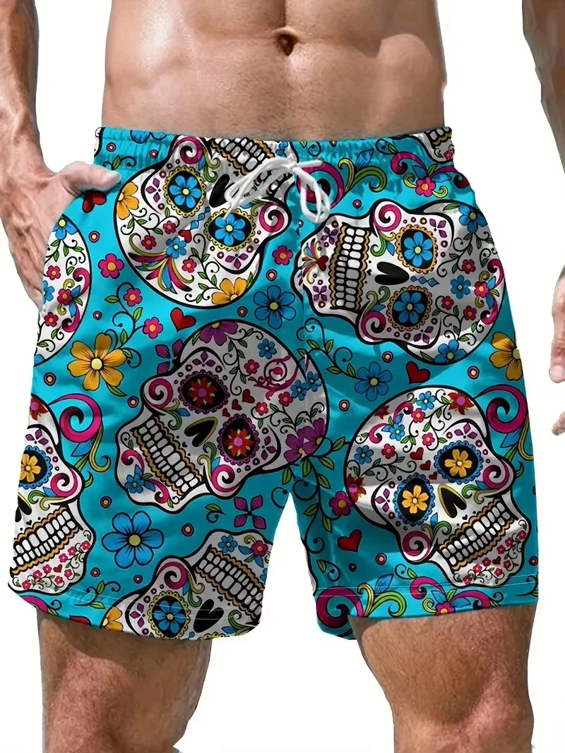 Men's Casual Floral Skull Print Men's Fashion Summer Drawstring Shorts With Pockets Beach And Leisure Shorts
