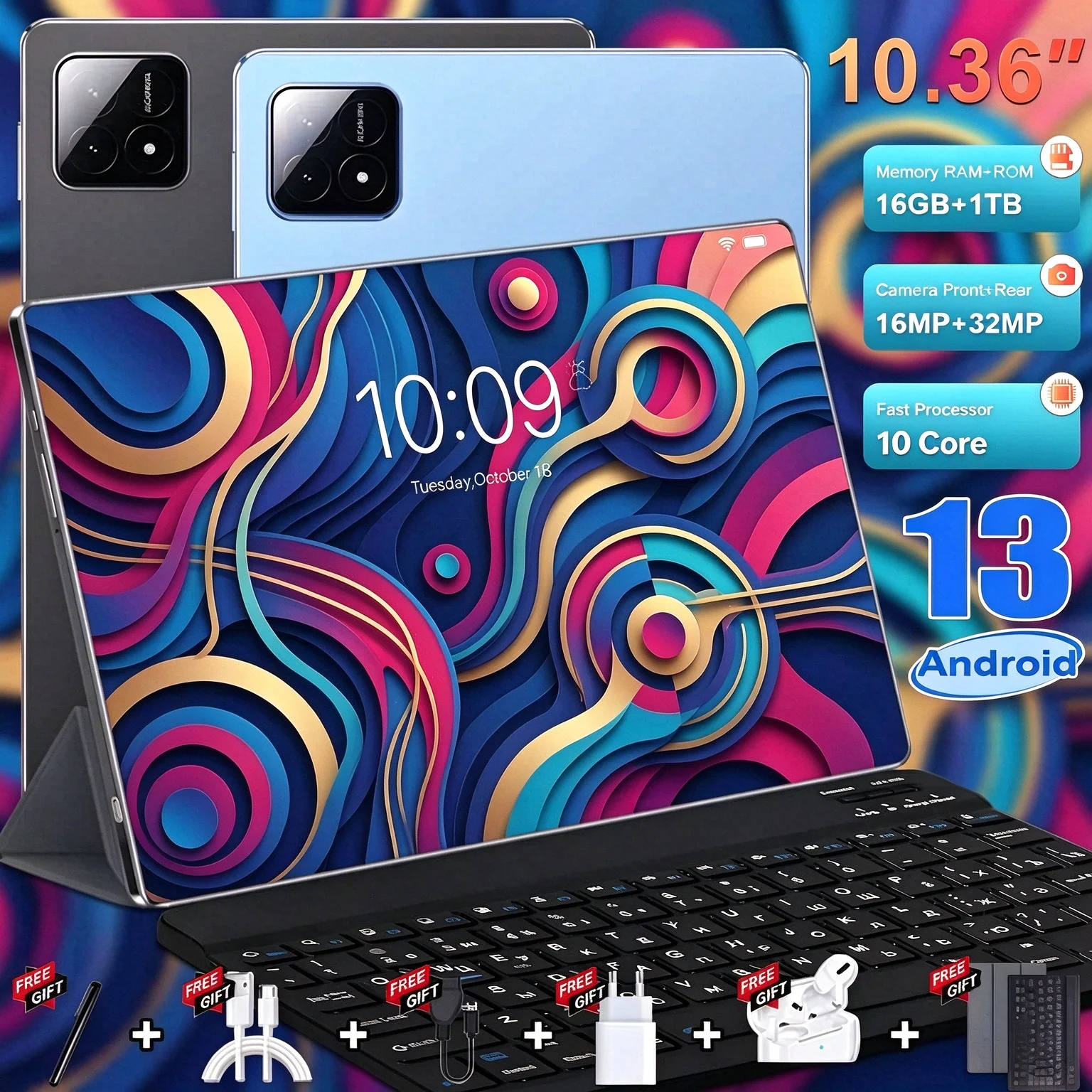 Tablet Android 13 Pad de 10.36 pulgadas, 16GB 1TB, 2026 Global, 10 núcleos, 4K HD, 5G, WIFI, Bluetooth, 12000mAh