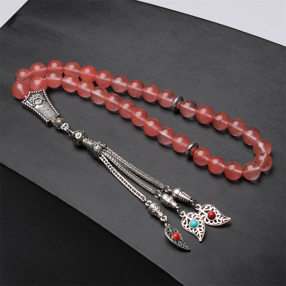 

Red misbaha 33 prayer beads muslim Bracelet Eid gift silver leaf tassel islamic rosary tasbih sibha tesbih tasbeeh mesbaha