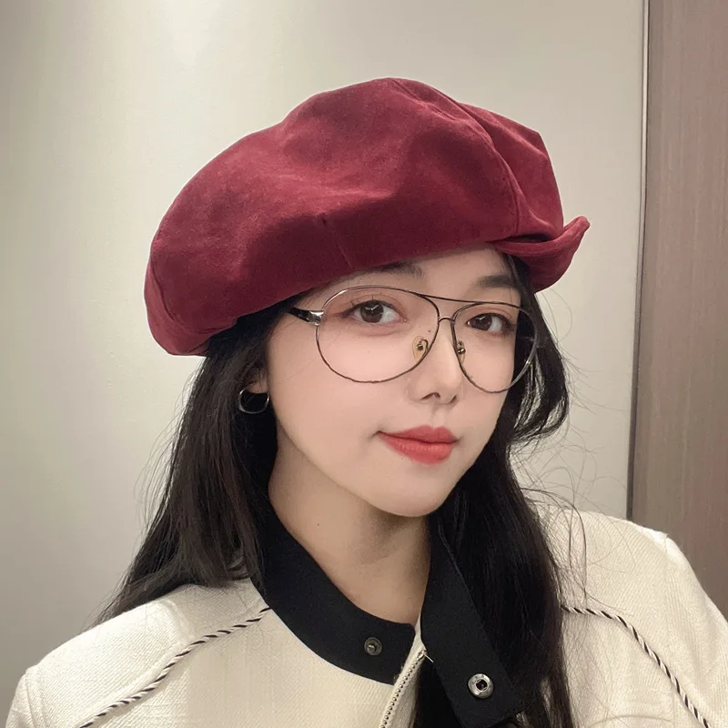 2024 New Suede Material 3 Ways to Wear Small Flying Brim Beret Women's Duck Tongue Winter Windproof Retro Octagonal Cloud Hat Trend