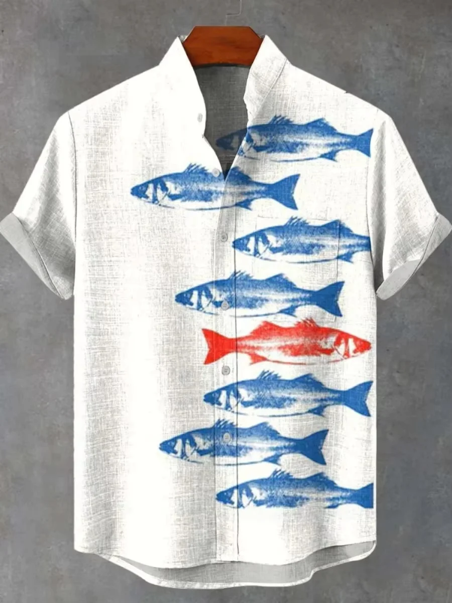 Новая мужская рубашка из льняной удобной ткани с короткими рукавами и принтом рыбы в стиле ретро в этническом стиле, быстрая доставка
