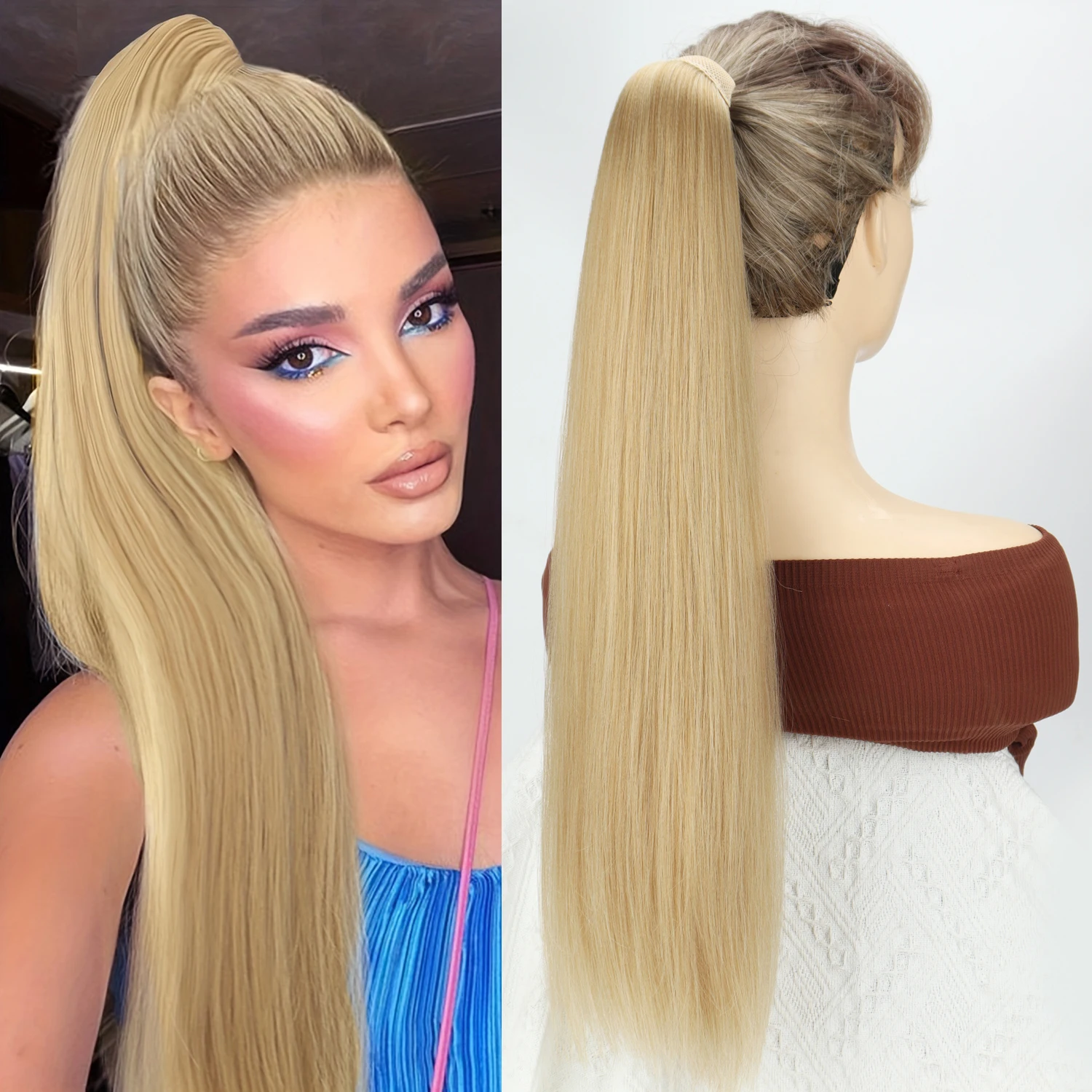

Synthetic Long Straight Hair 24Inch Elastic Band Ponytail Black Brown Straight Ponytail Hair Extensions For Women