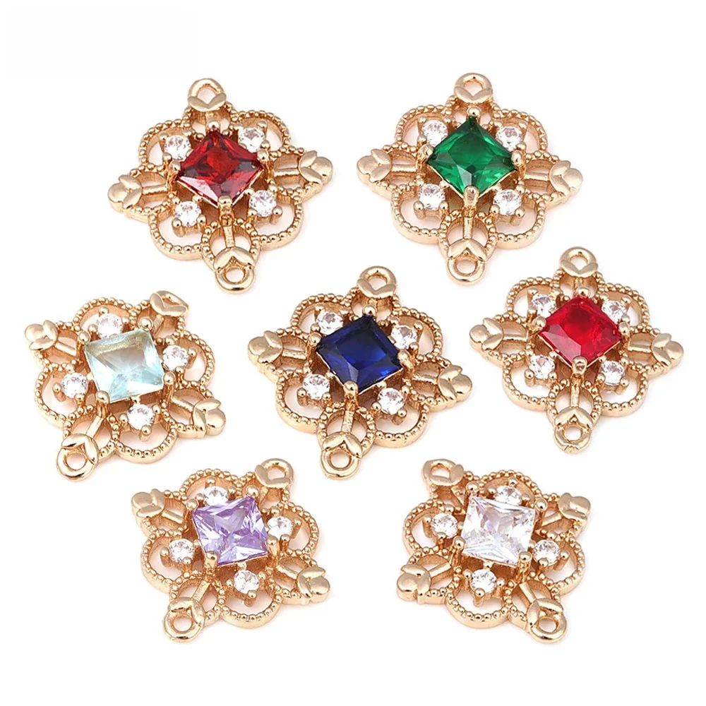 6PCS 18K Gold Farbe Messing und Zirkon 2 Löcher Raute Stecker Charms Anhänger Diy Schmuck Machen Ohrringe zubehör für Frauen