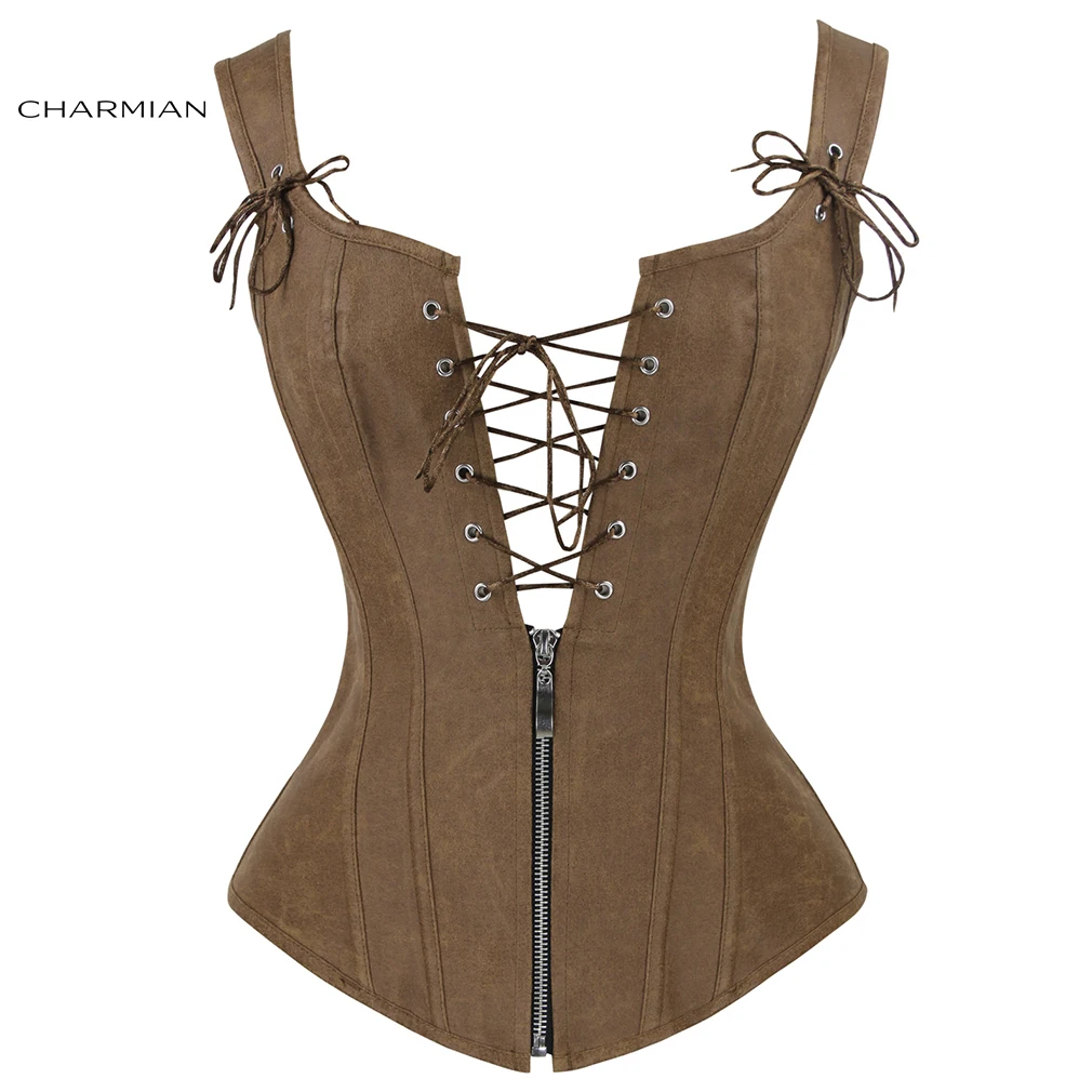 Charmian Women Renaissance Corset Sexy Vintage Plus Size Leather Zipper Brown Corset Bustier Top With Garters Steampunk Clothing