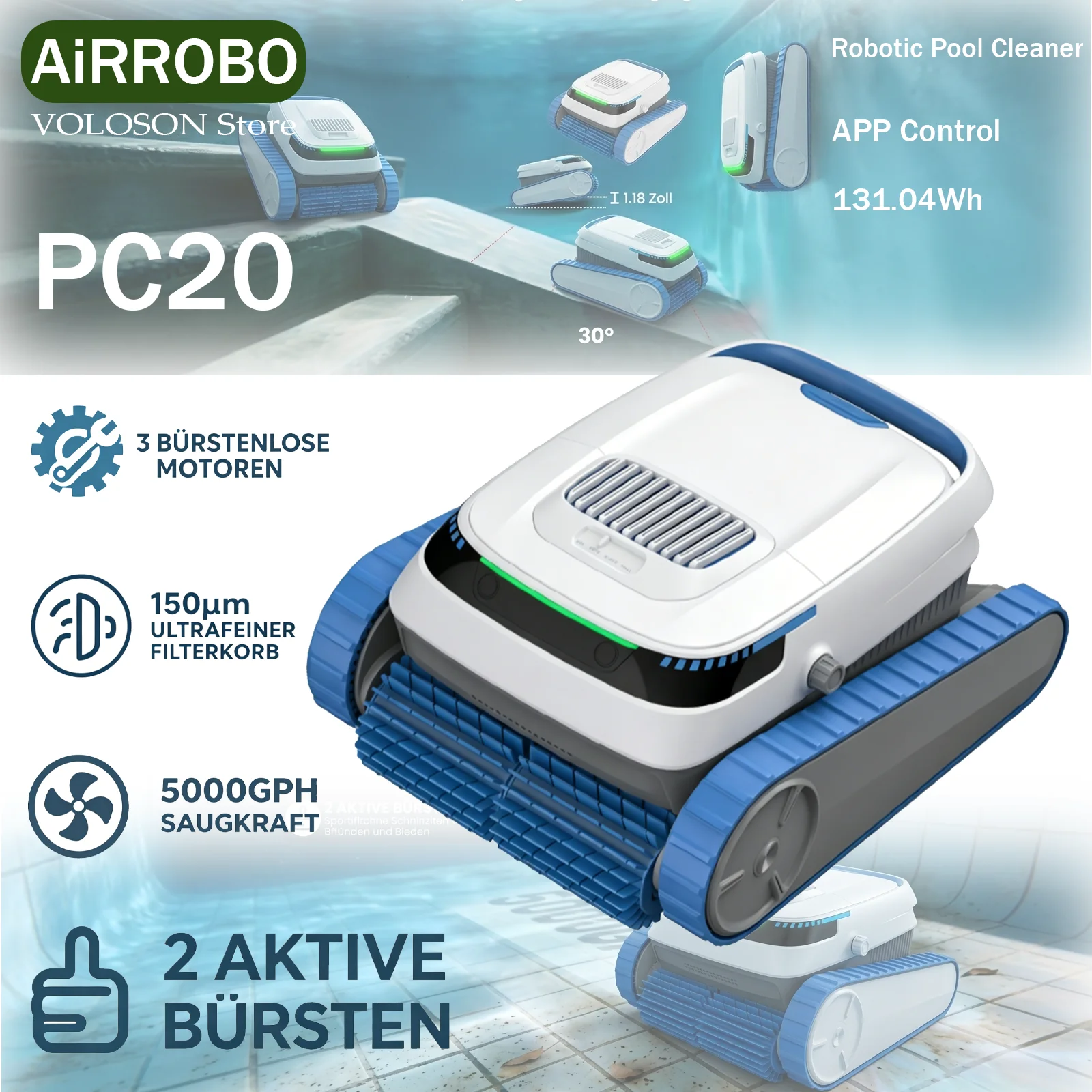 Robot Nettoyeur de Piscine Sans Fil AiRROBO PC20 Contrôle App Bluetooth Batterie 5200mAh autonomie 2h Navigation intelligente grimpeur mural 3 modes de nettoyage stationnement automatique pour piscine carrelage béton v