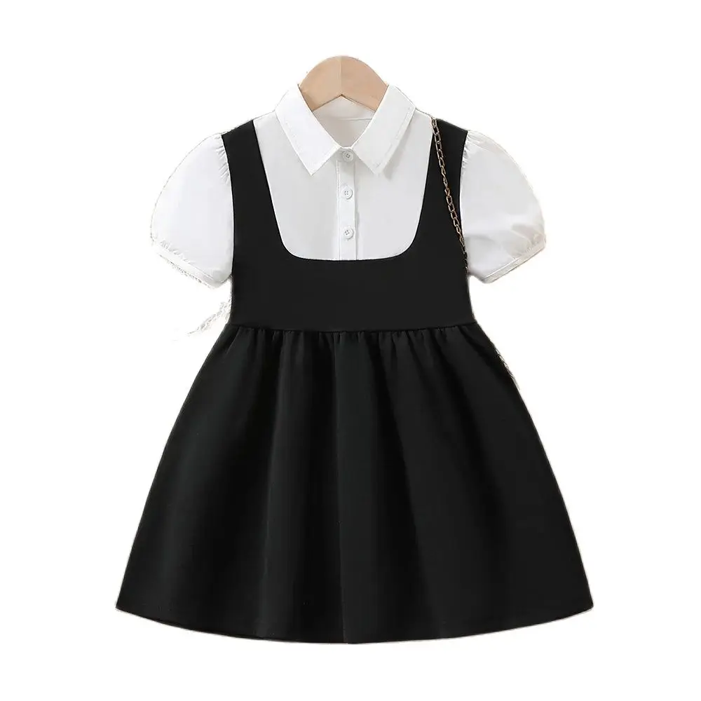 Toddler Young Girls Puff Sleeve School Uniform Dress White and Black Overall One Piece Patchwork Dress